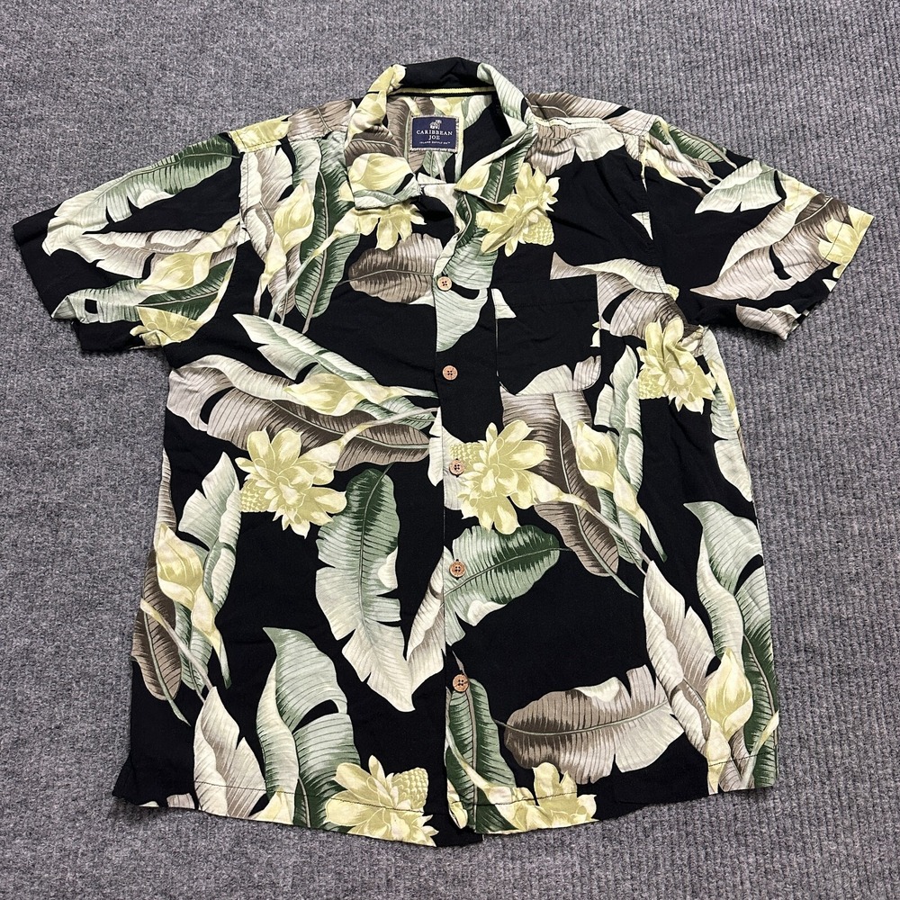 Carribean Joe Mens Hawaiian Floral Button Up Shirt Size L Black Short Sleeve